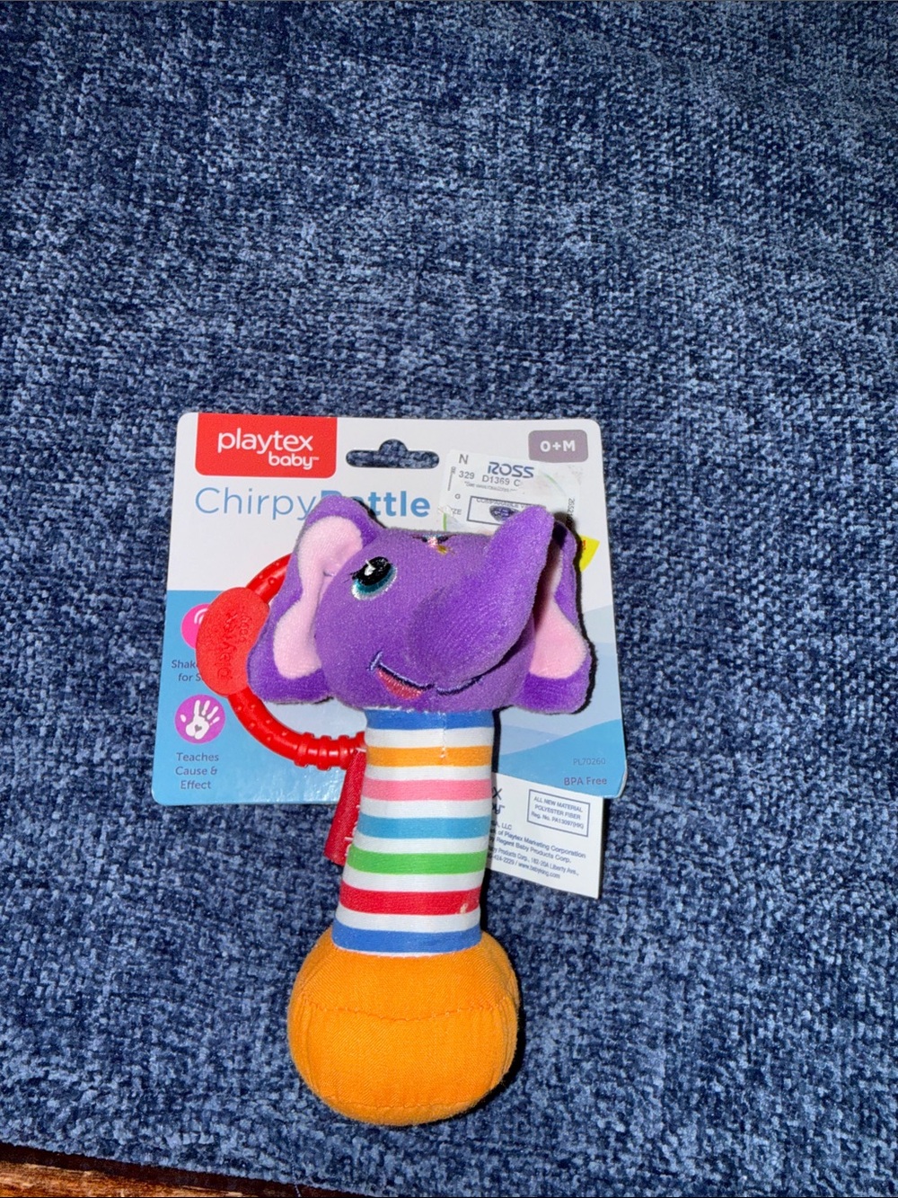Playtex Purple Elephant Chirpy Rattle with Multicolor Stripes and Orange Base
